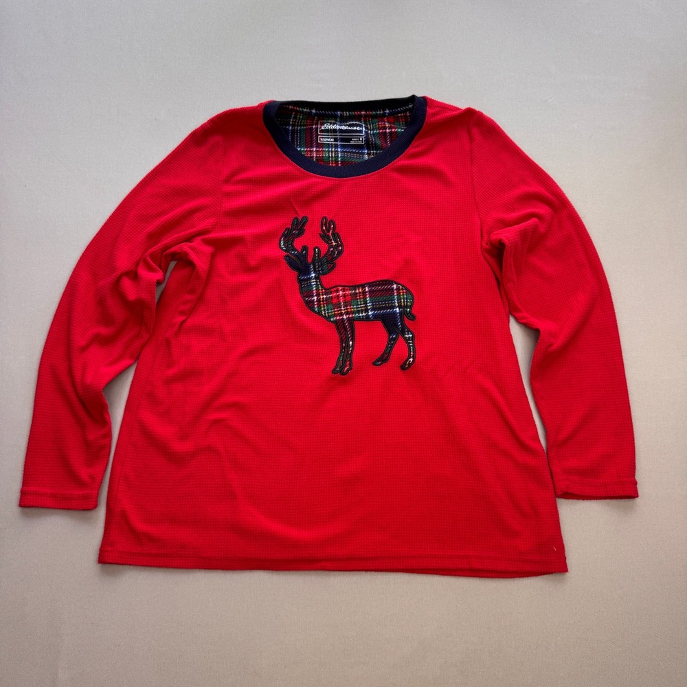 Eddie Bauer Womens Red Waffle Knit Plaid Reindeer Sleep Shirt Medium